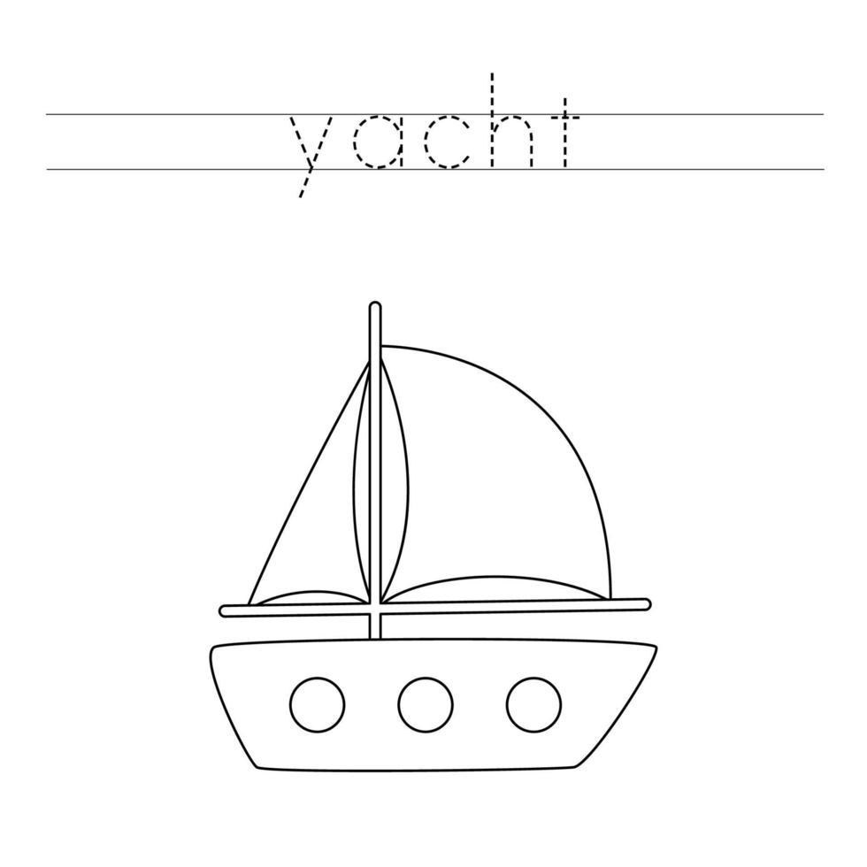 Trace word and color cute cartoon yacht. vector