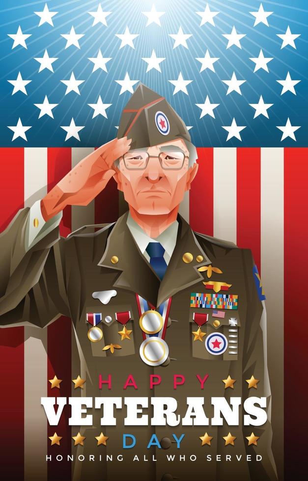 Old Veteran Soldier Saluting on Veterans Day vector