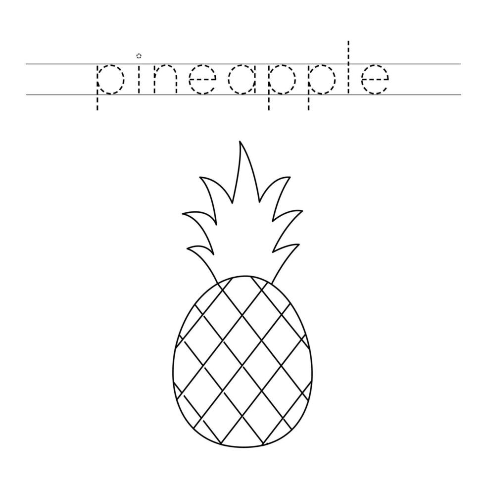 Trace word and color cute cartoon pineapple. vector