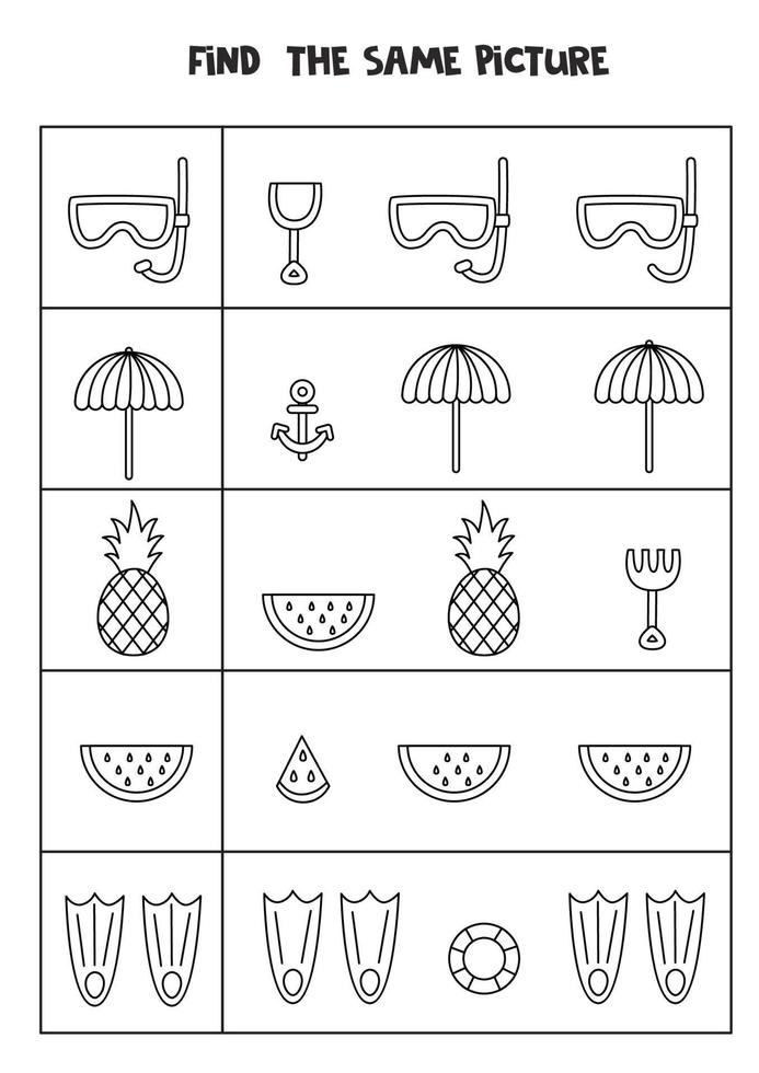 Find two the same summer elements. Black and white worksheet. vector