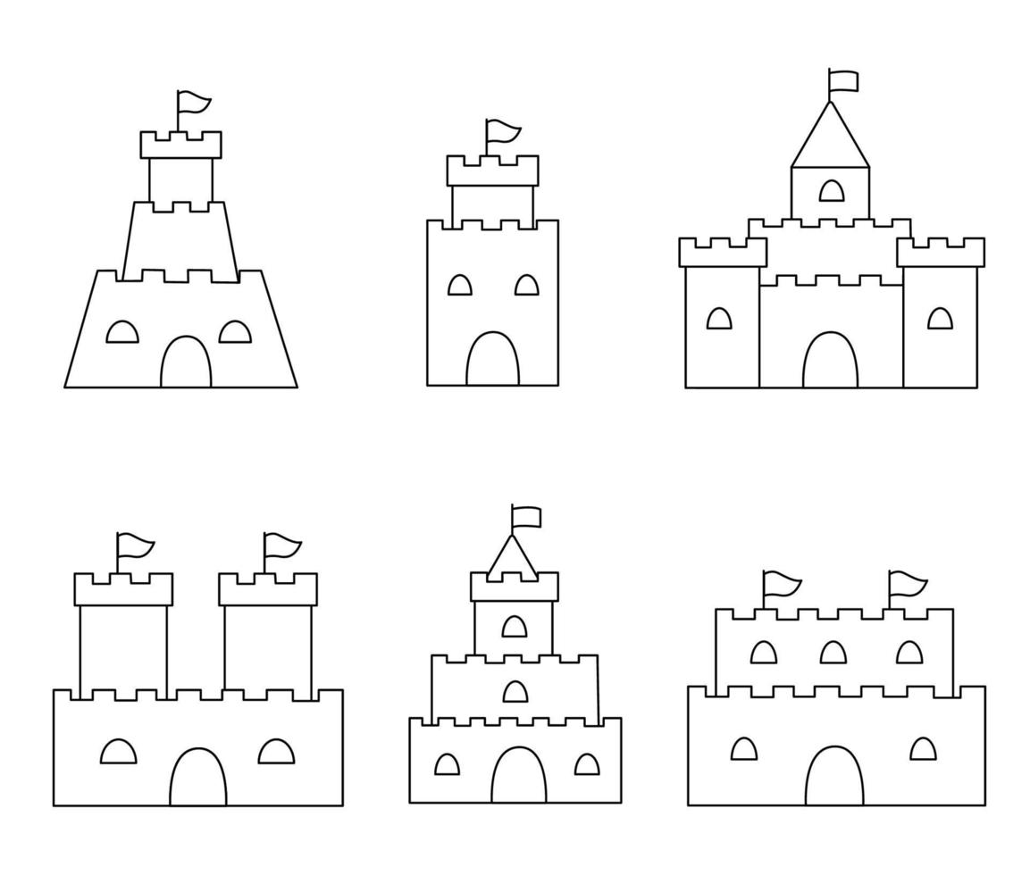 Collection of black and white sand castles. Coloring page. vector