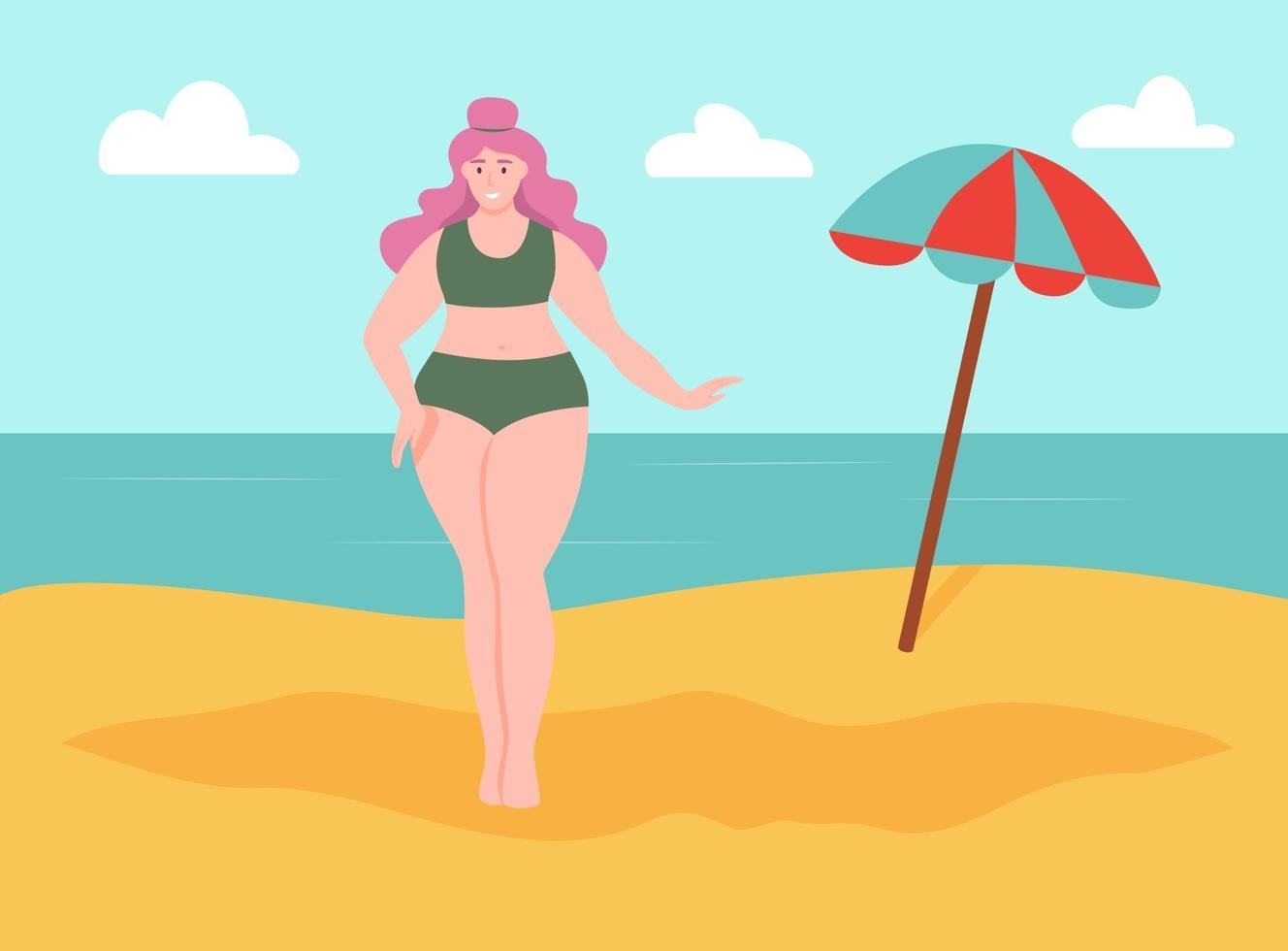 Young curvy woman on the beach. vector