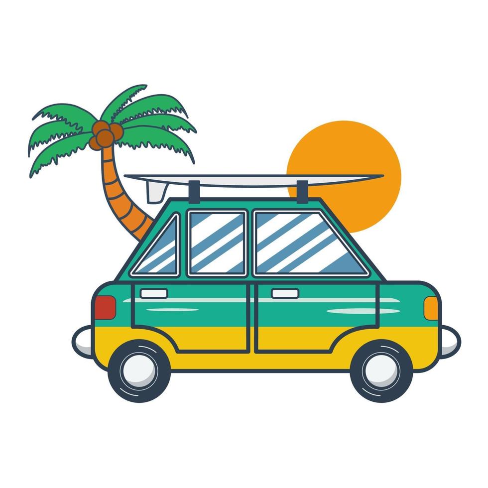 Surfing car with surfboard on the roof rack vector