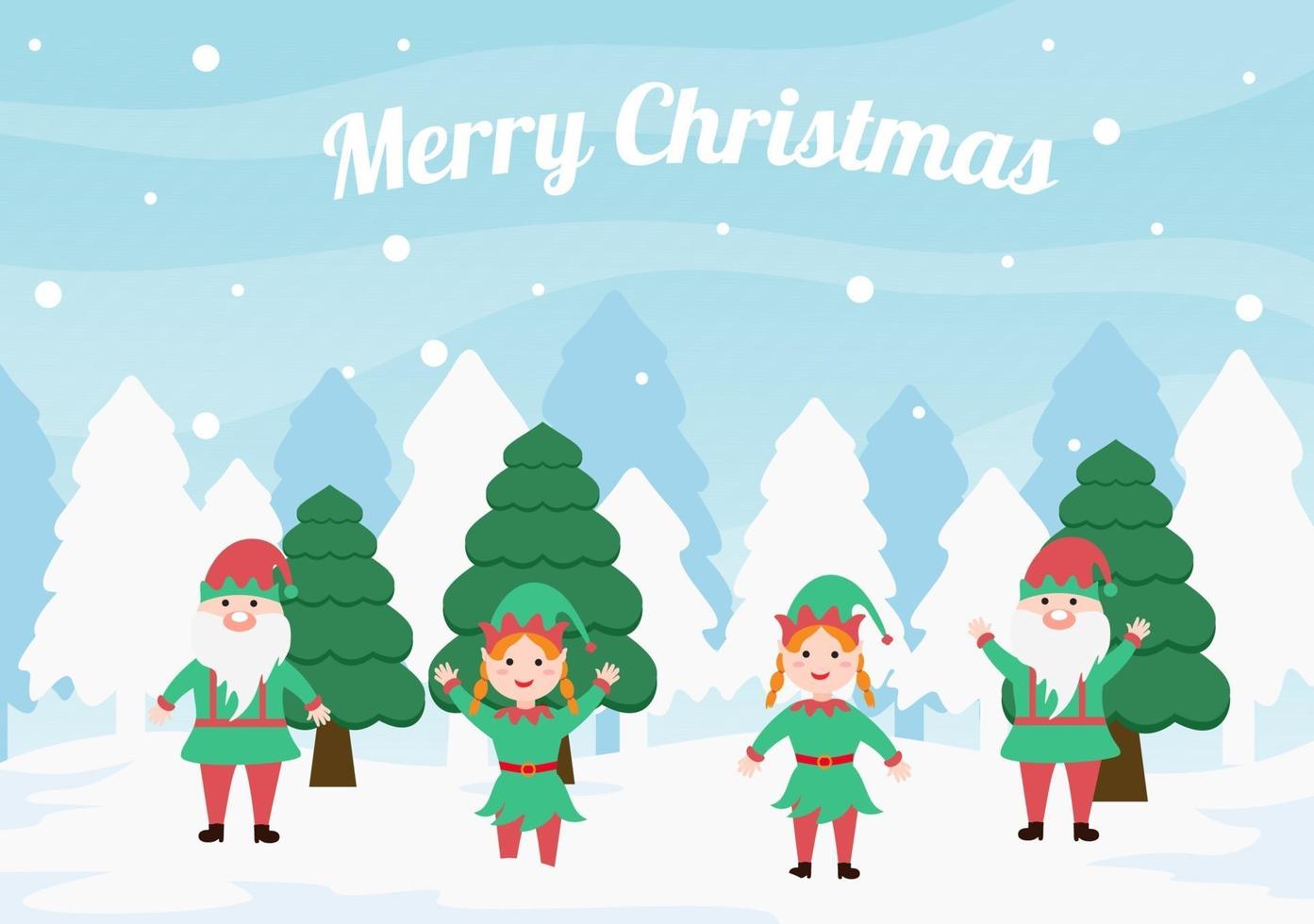 Merry Christmas Cute Cartoon Dwarf, Santa Claus And Elves vector