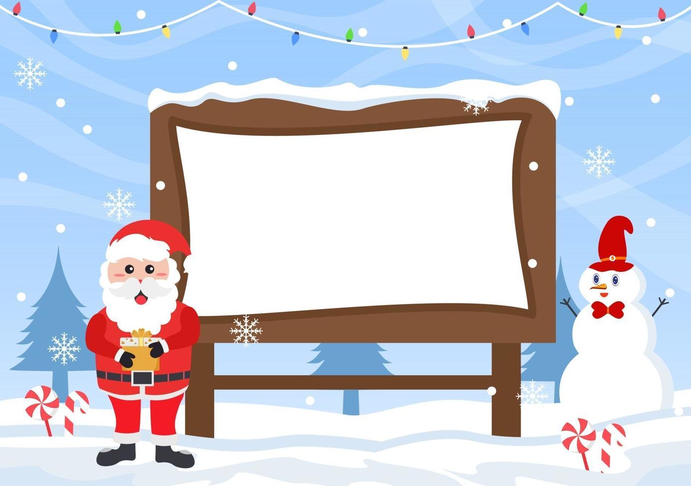 Merry Christmas With Santa Claus or Snowman Cartoon To The Signboard vector