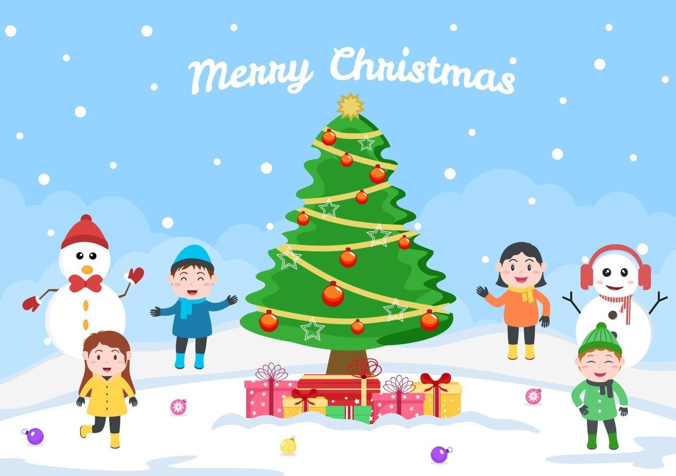 feliz celebrando el día de navidad con niños y muñeco de nieve, árbol de decoración vector