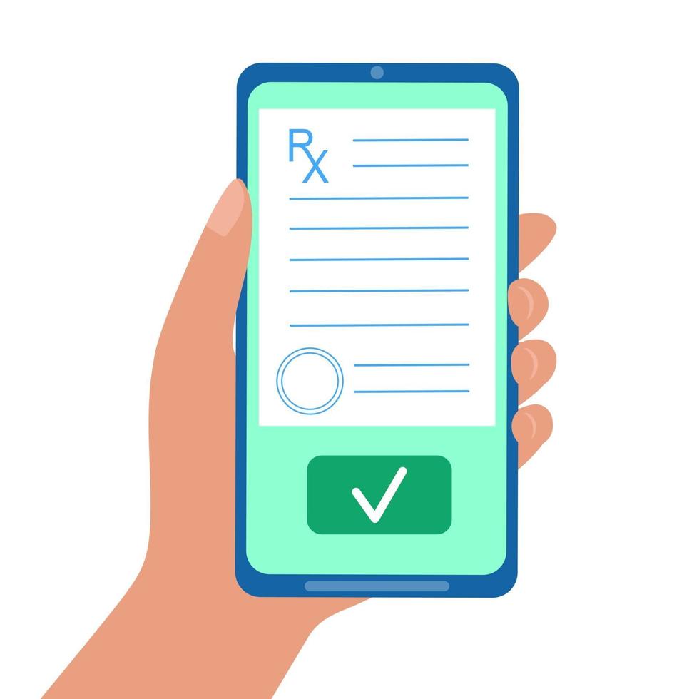 Hand holding smartphone with medical RX blank on screen vector