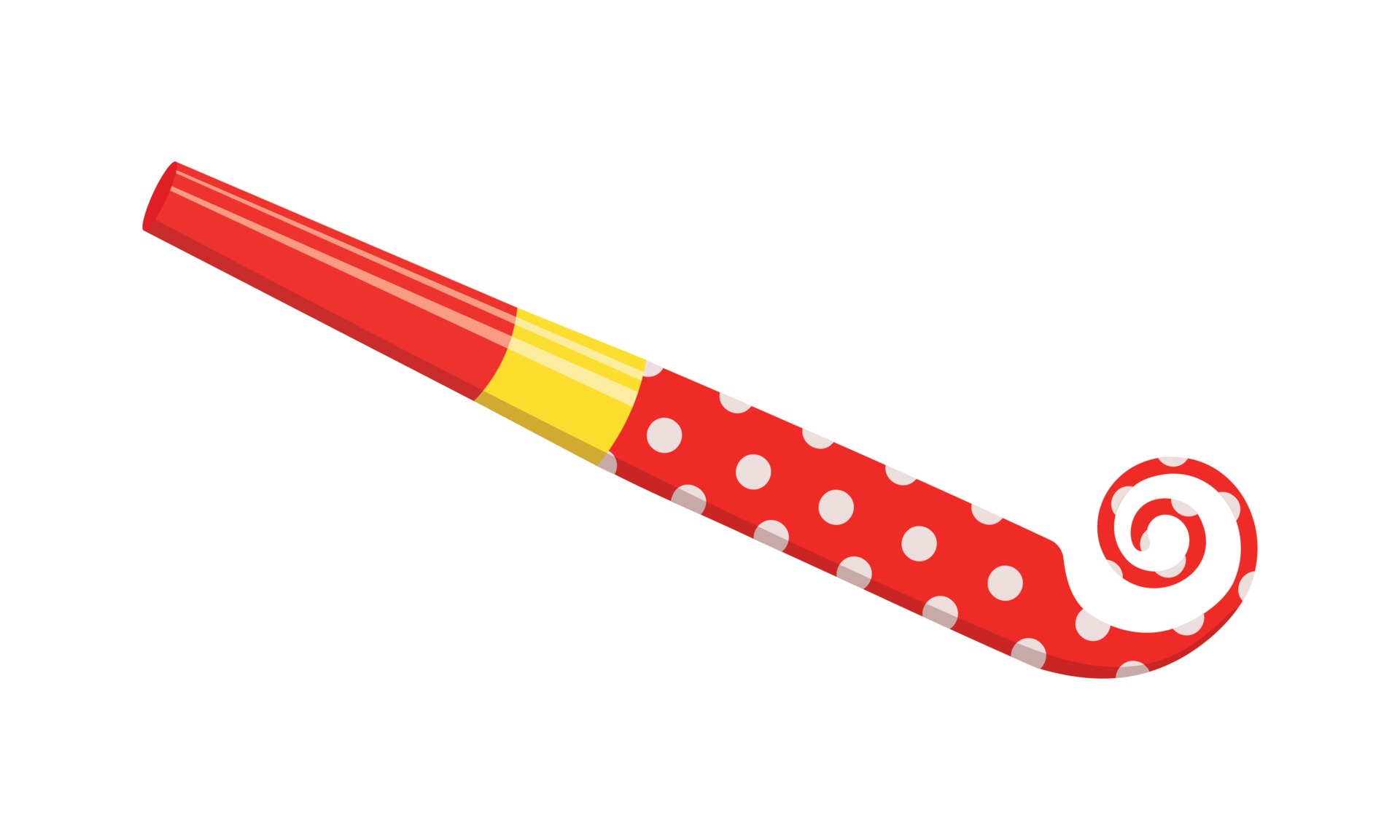 Party horn. Unrolling red polka dot blower. Noisemaker side view