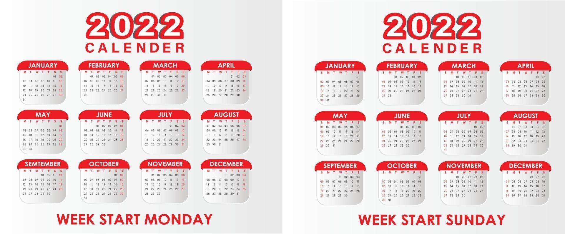 Calendar 2022 Vector Red
