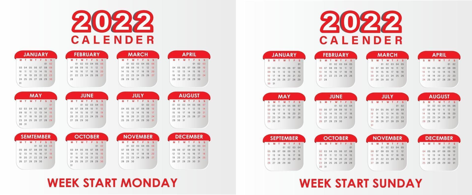 calendario 2022 vector rojo