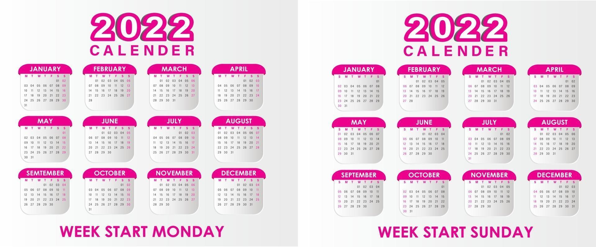 Calendar 2022 Vector Magenta