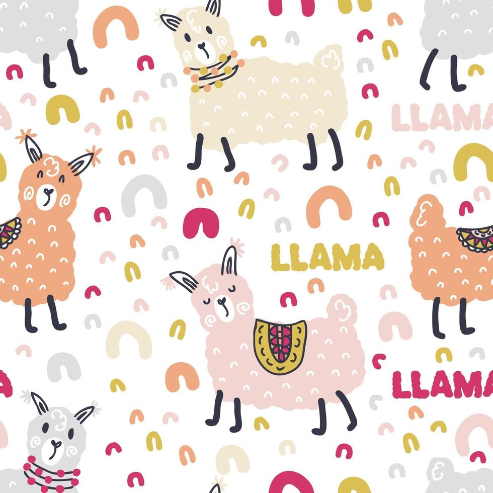 Free hand drawing vector seamless pattern llamas and text LLAMA