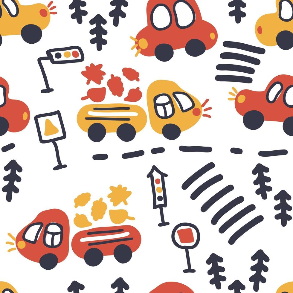 Seamless vector pattern of cars and trucks carrying leaves