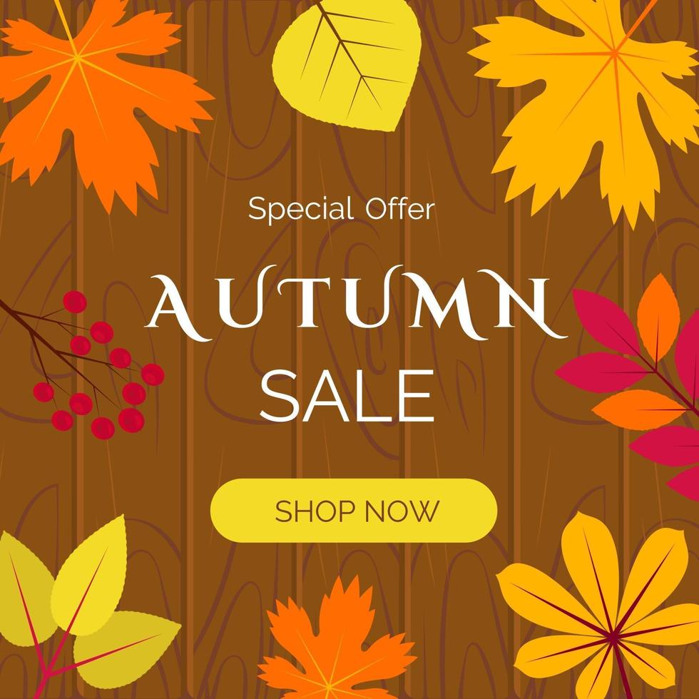 Banner de venta de otoño con hojas naranjas y amarillas. vector