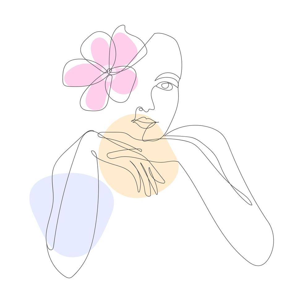 Stylized face woman with flower, one line, relax vector