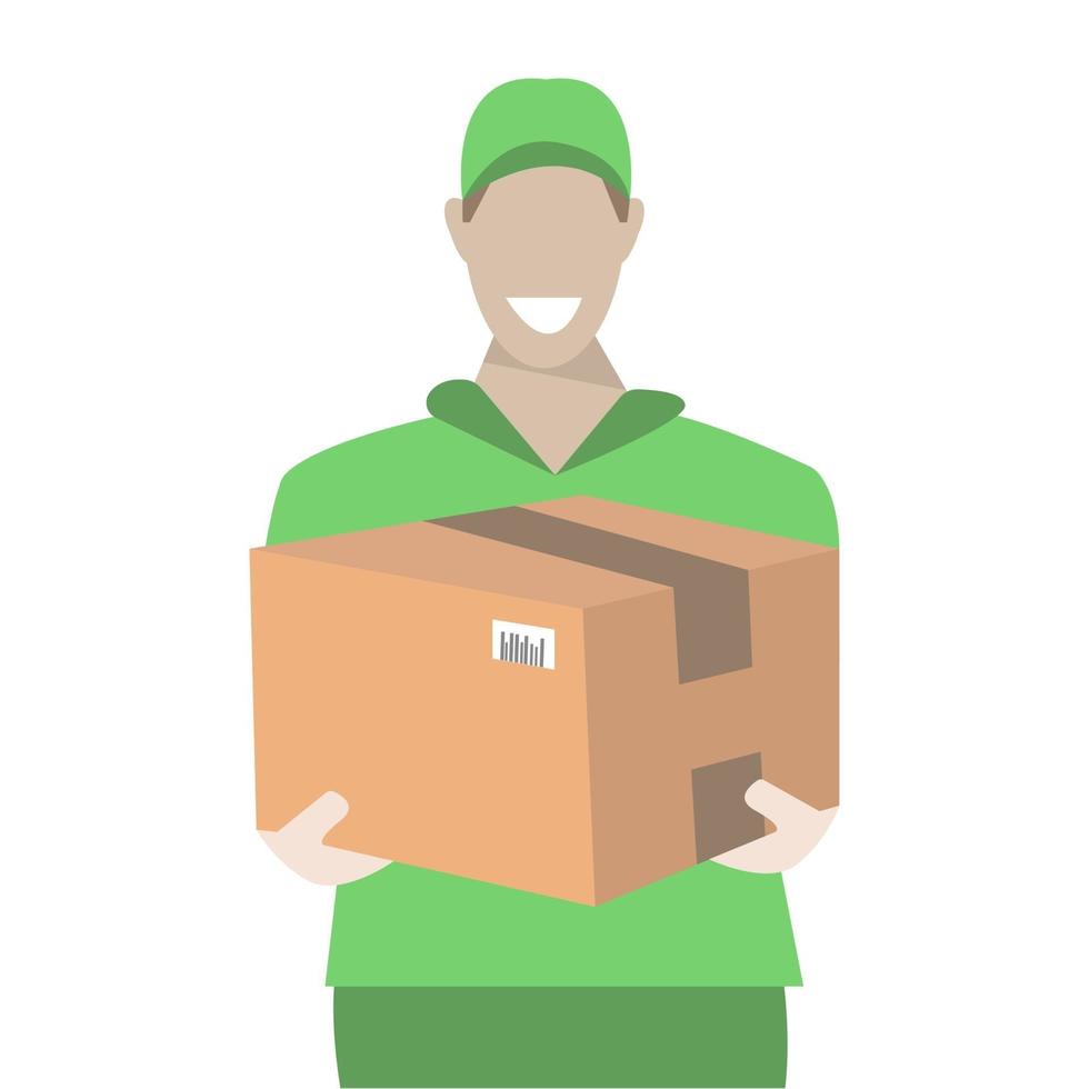 A smiling courier in a green uniform with package vector