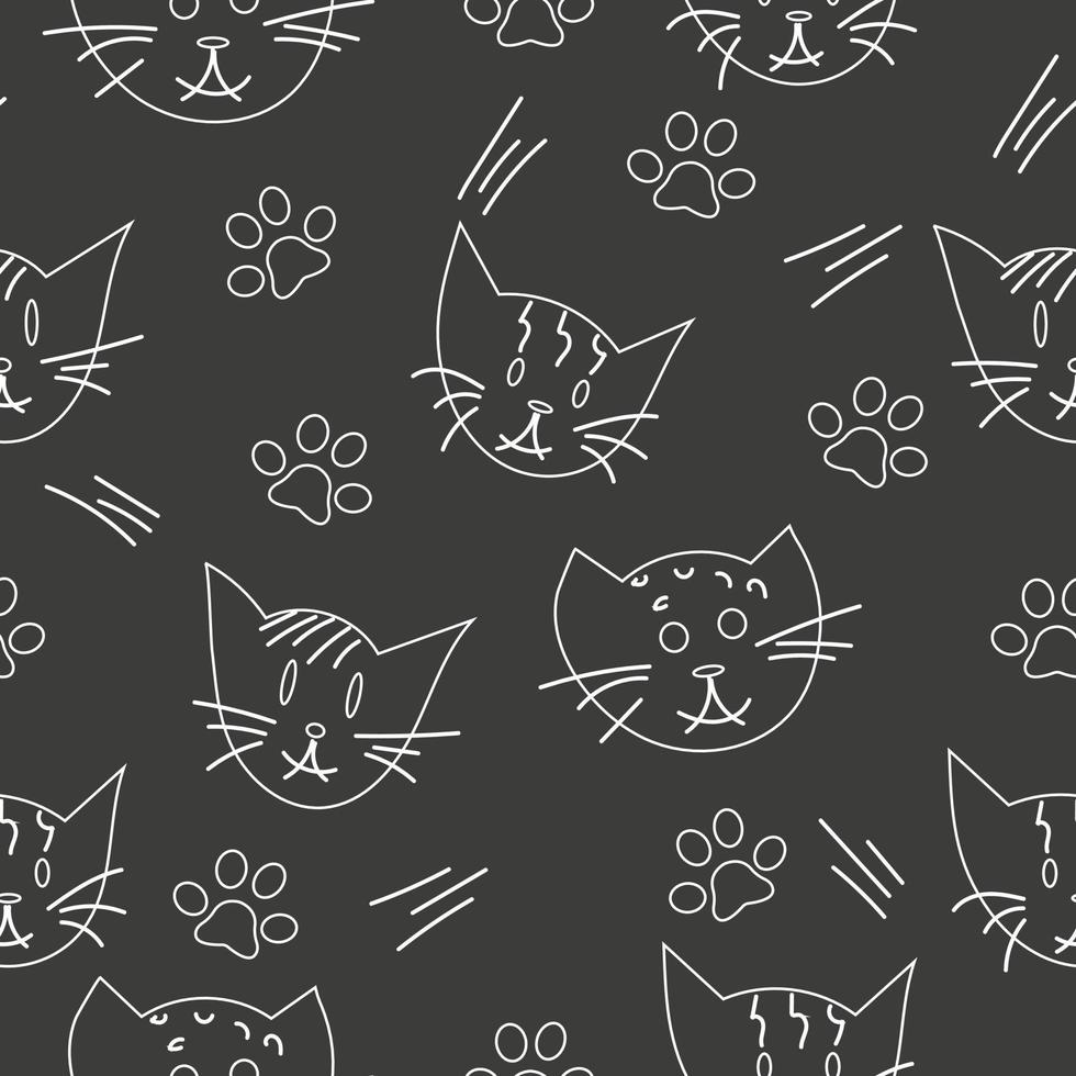 Cat, paw seamless pattern, outline doodle vector