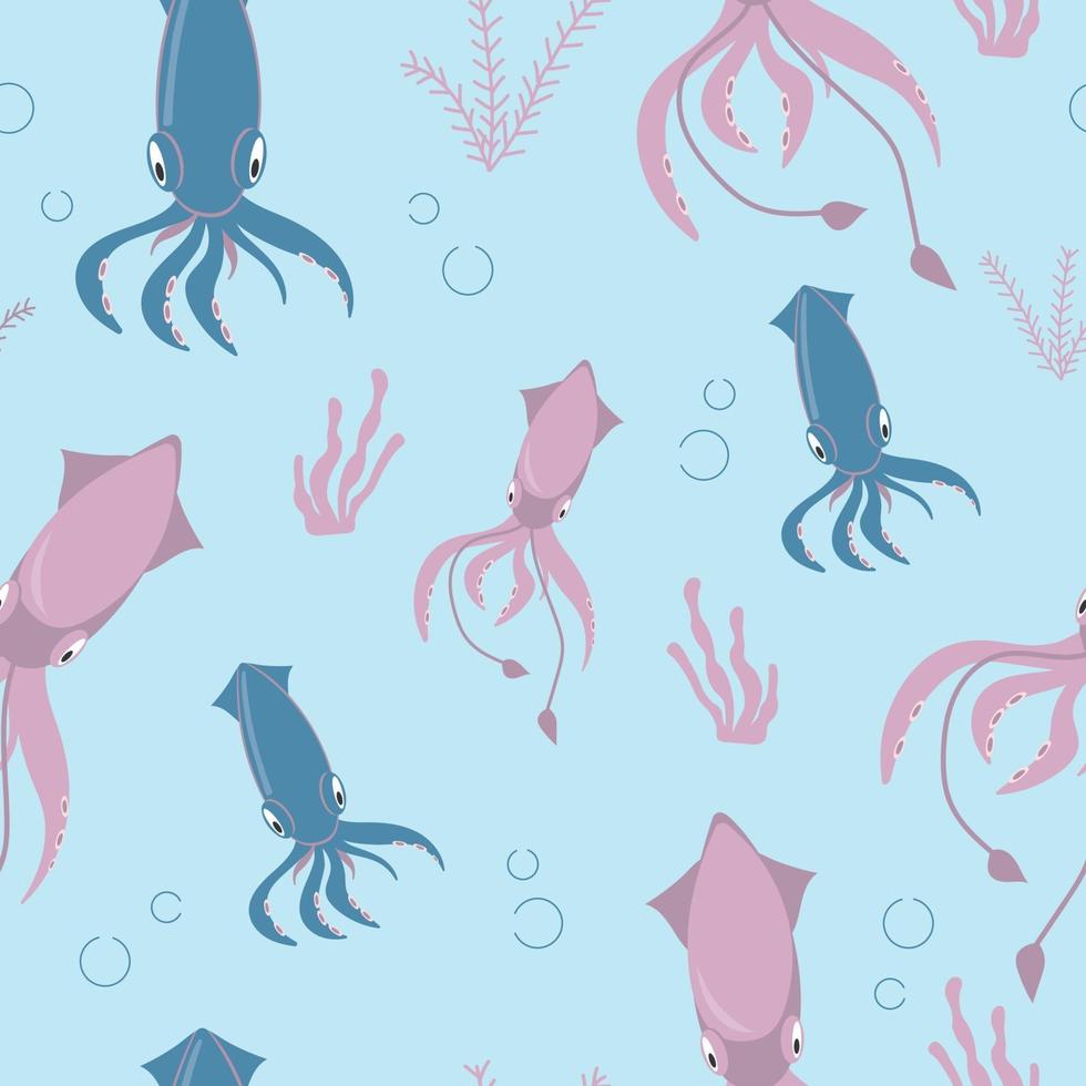 Seamless pattern with pink and blue squid vector