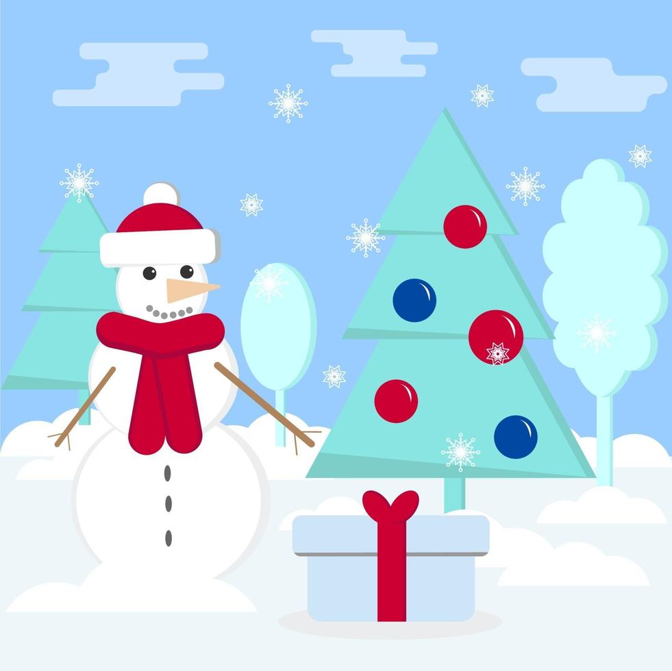 Christmas postcard with snowman, xmas tree and present box. vector