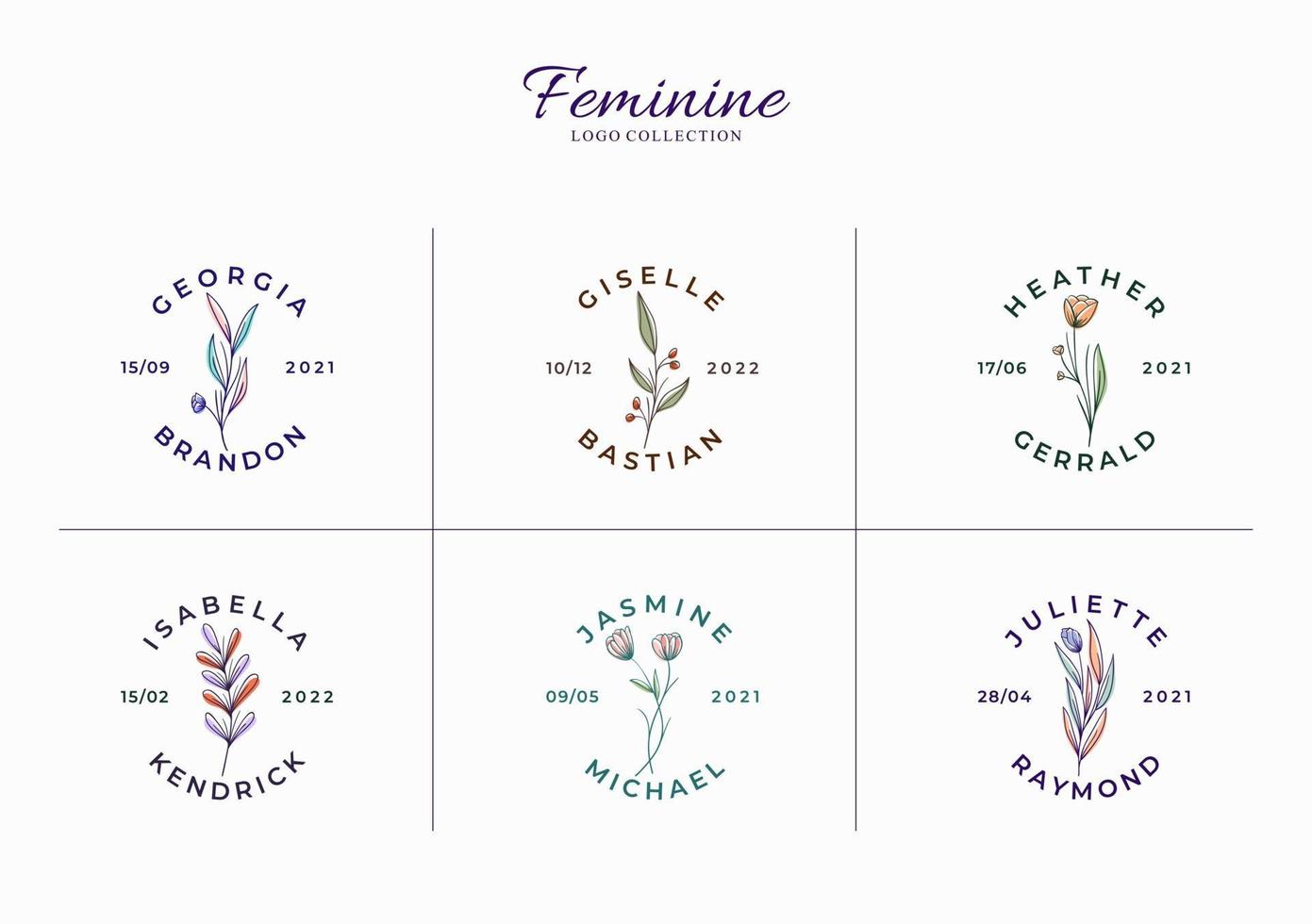 conjunto de hermosos logotipos florales minimalistas con nombres de novia vector