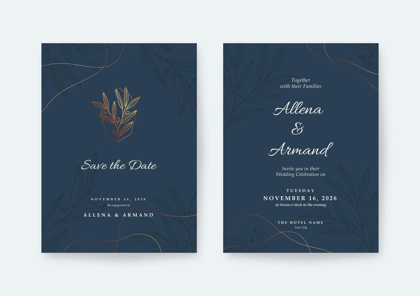 elegante plantilla de tarjeta de boda azul marino y dorado vector