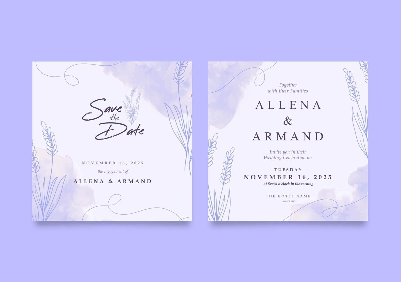 Romantic purple lavender wedding social media post vector