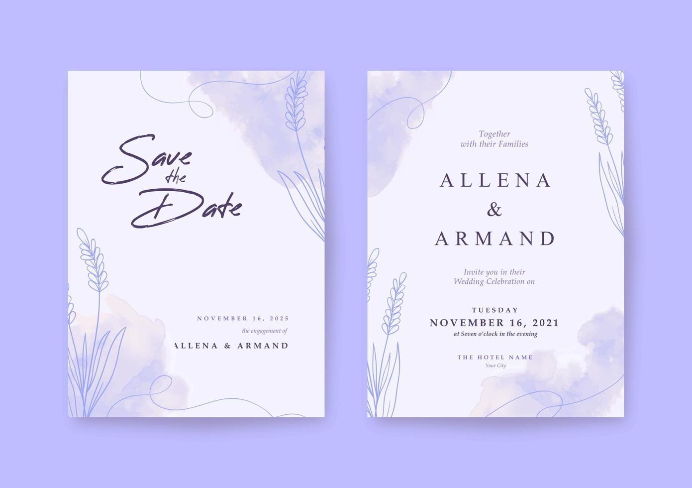 invitación de boda romántica con hermosa lavanda púrpura vector