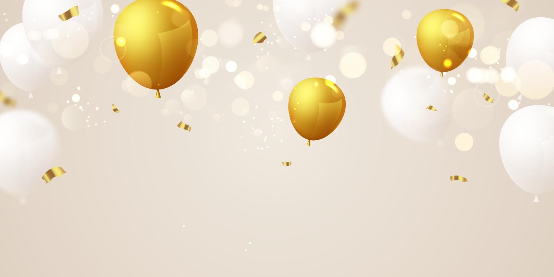 Banner de fiesta de celebración con fondo de globos de oro. vector