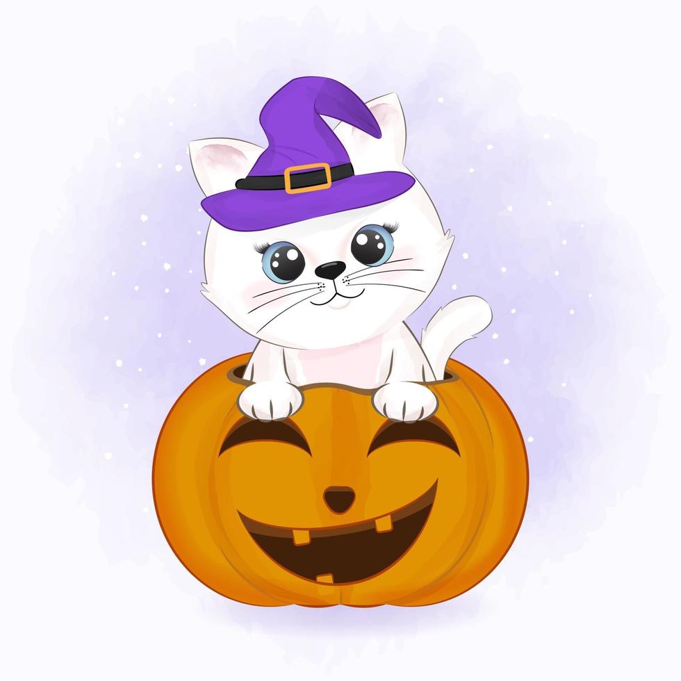 lindo gato con calabaza dibujado a mano dibujos animados animal halloween ilustración vector