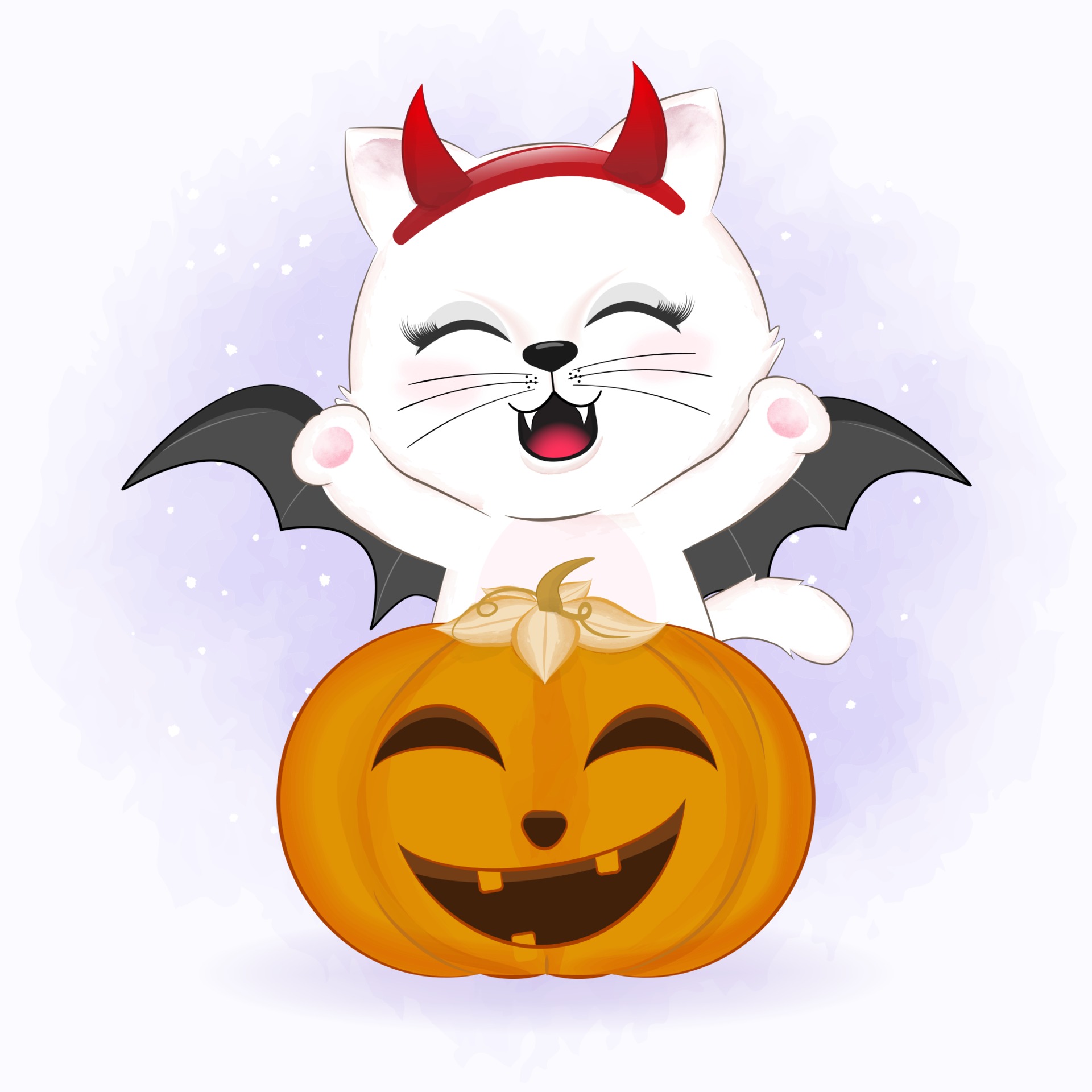 Cute cat with pumpkin cartoon animal Halloween illustration ...