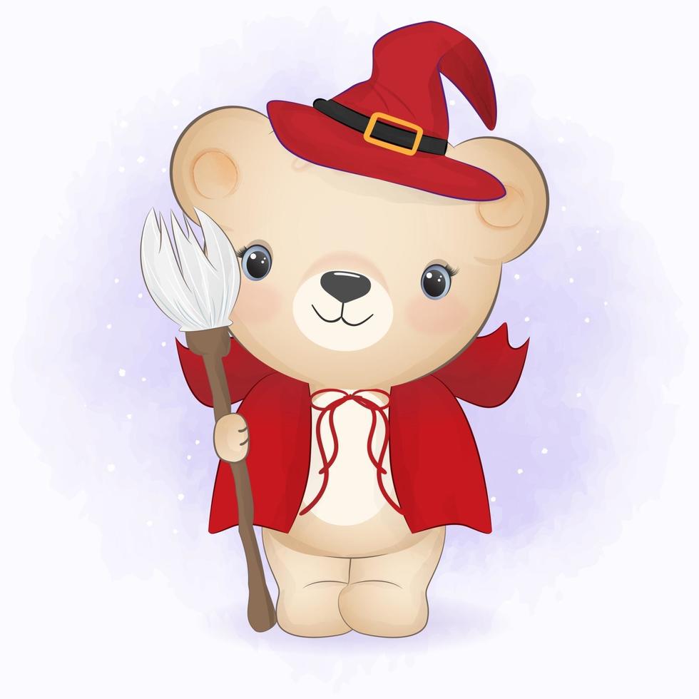 Cute little Bear holding broom. Halloween illustration vector