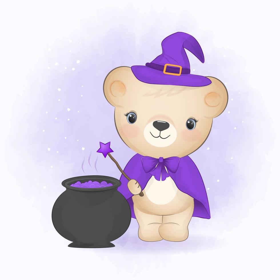 Cute little bear with Halloween pot and potion. Halloween illustration vector