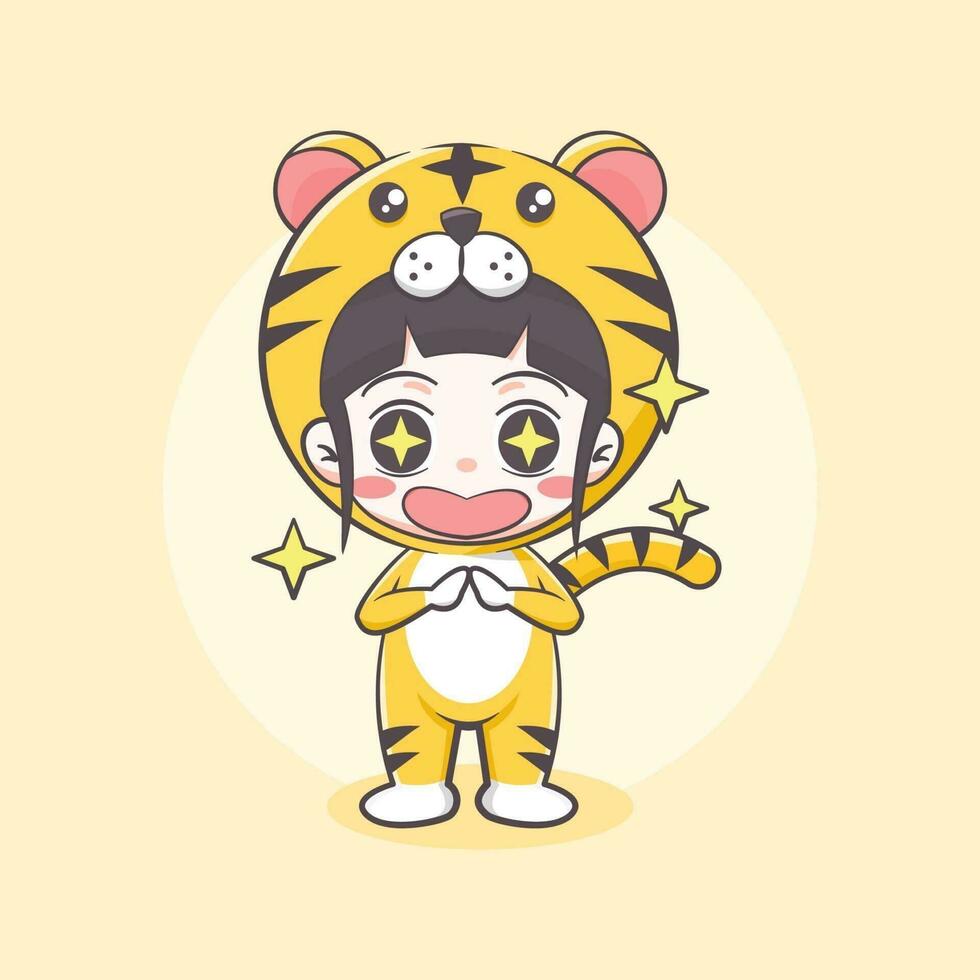 Cute tiger costume girl cartoon illustration vector