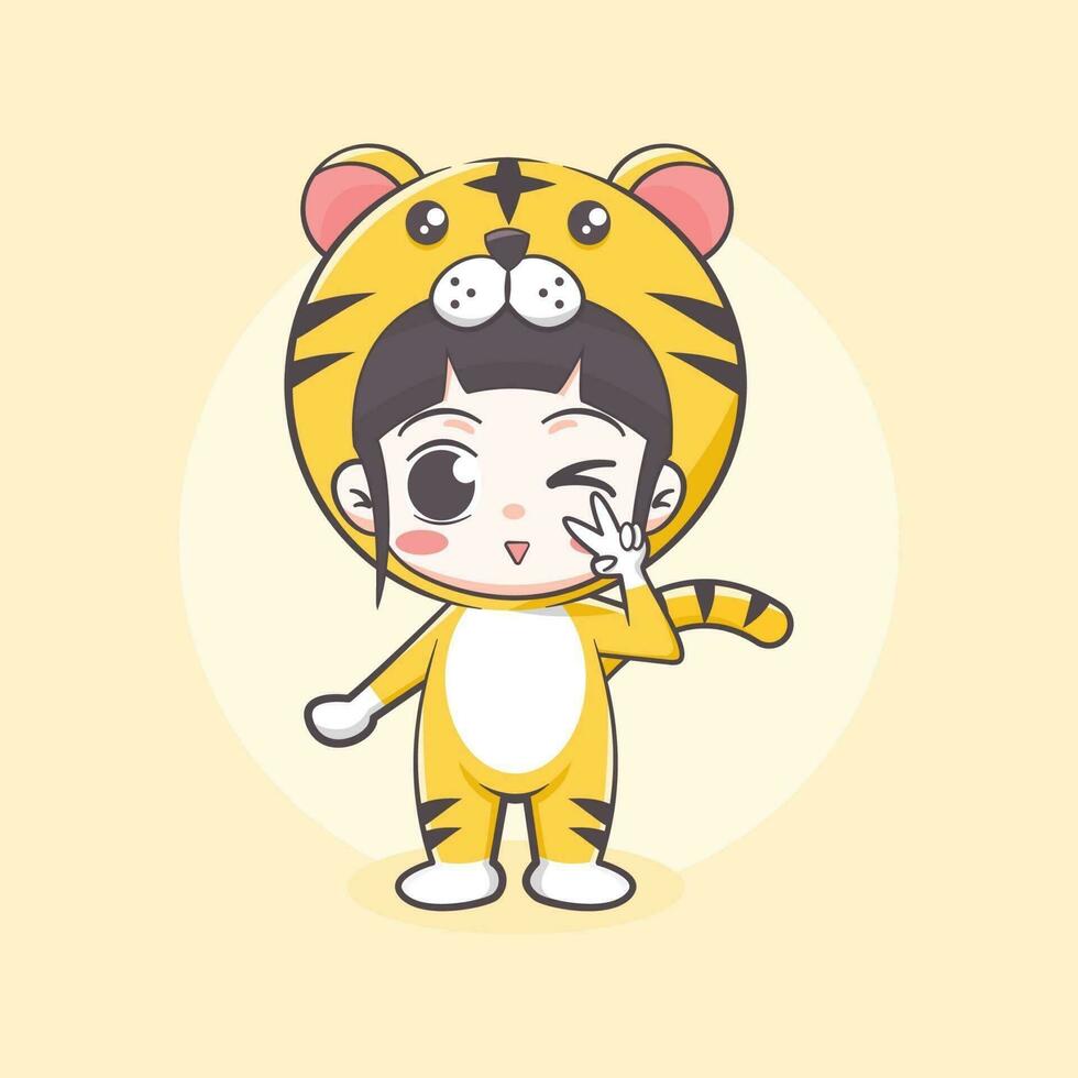 Cute tiger costume girl cartoon illustration vector