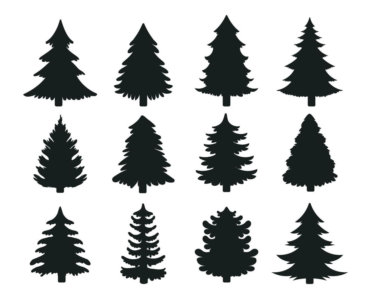 vector de silueta de árbol de navidad para decorar con regalos y estrellas