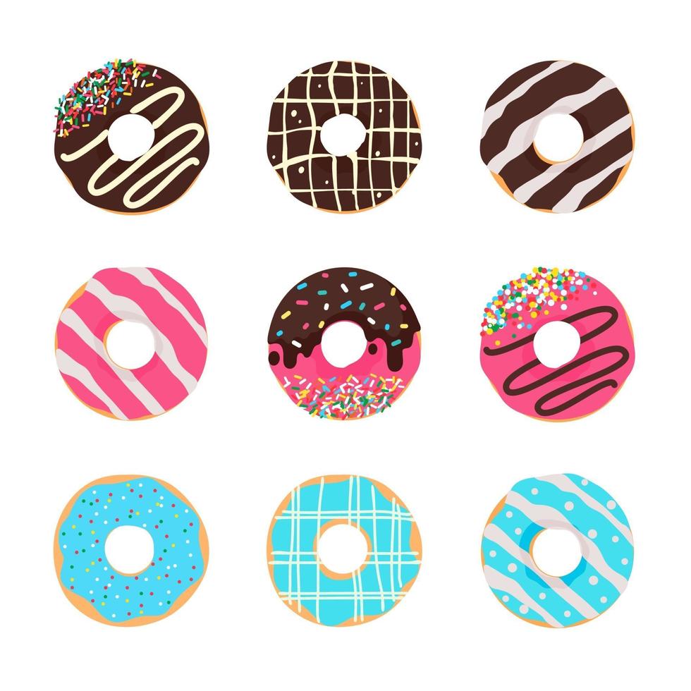 Circle donuts with colorful holes covered in delicious chocolate. vector