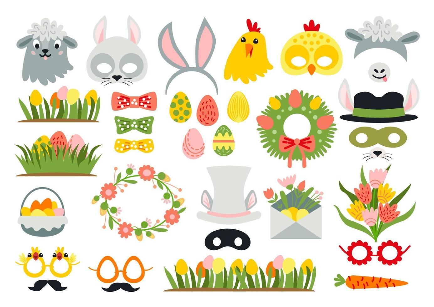 Cute Easter photo booth props as set of party graphic elements vector