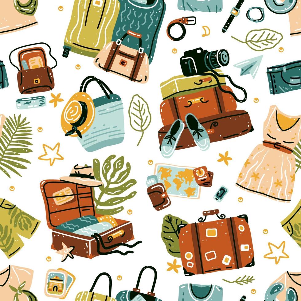 Seamless pattern with travel stuff objects. Vector