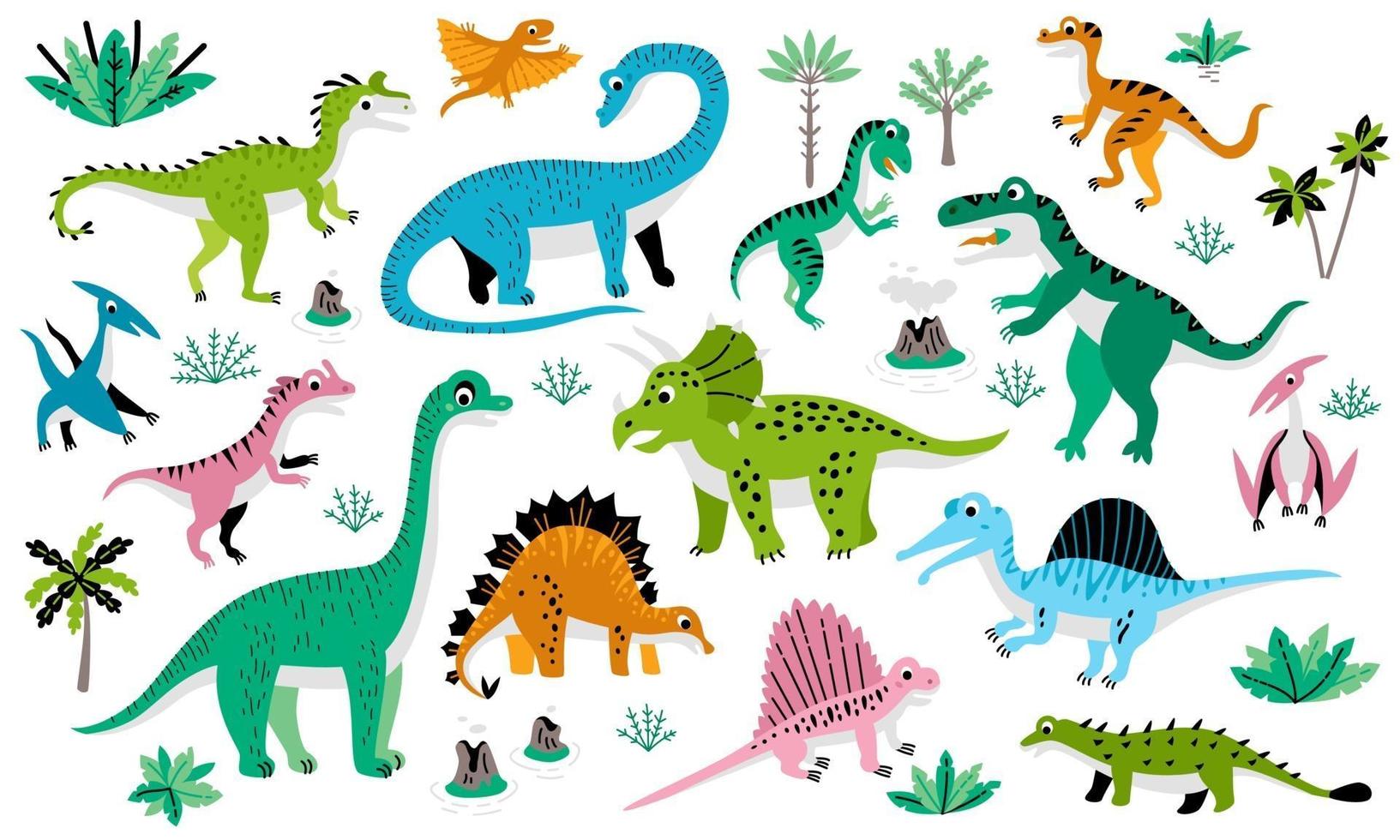 Childish poster with cute flat dinosaur set vector