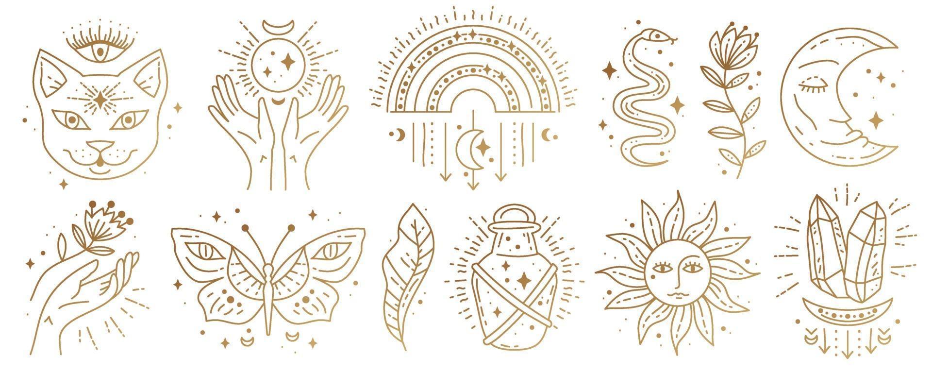Set of magic boho symbols. Golden minimal line art. vector