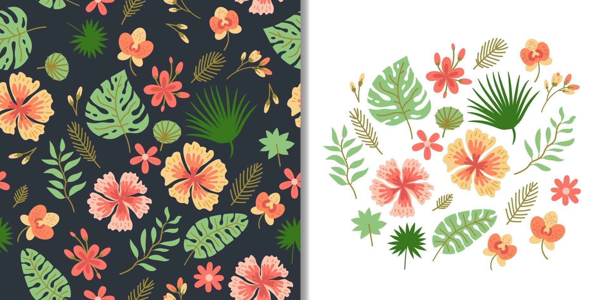 Floral set with seamless pattern and cute tropic flower elements vector