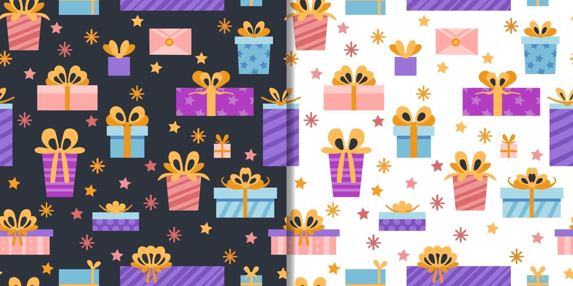 Regalos de fiesta con patrones sin fisuras y lindos elementos de cajas de regalo. vector