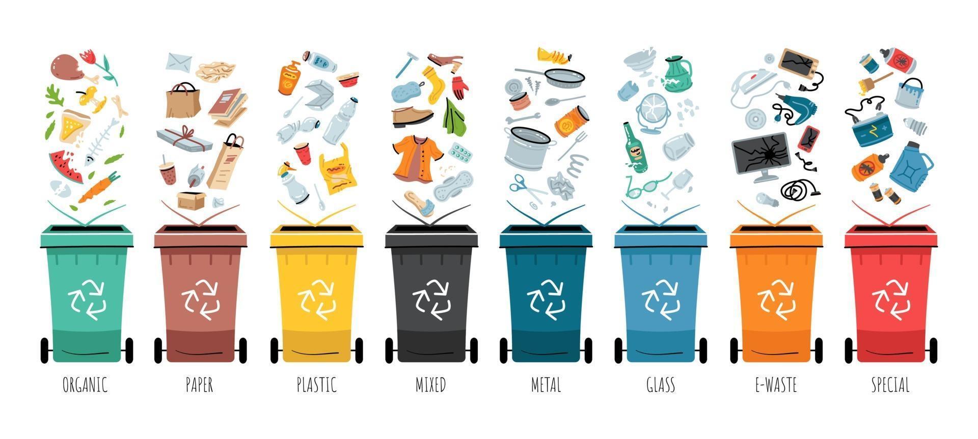 Ilustración de recogida, segregación y reciclaje de residuos. basura vector