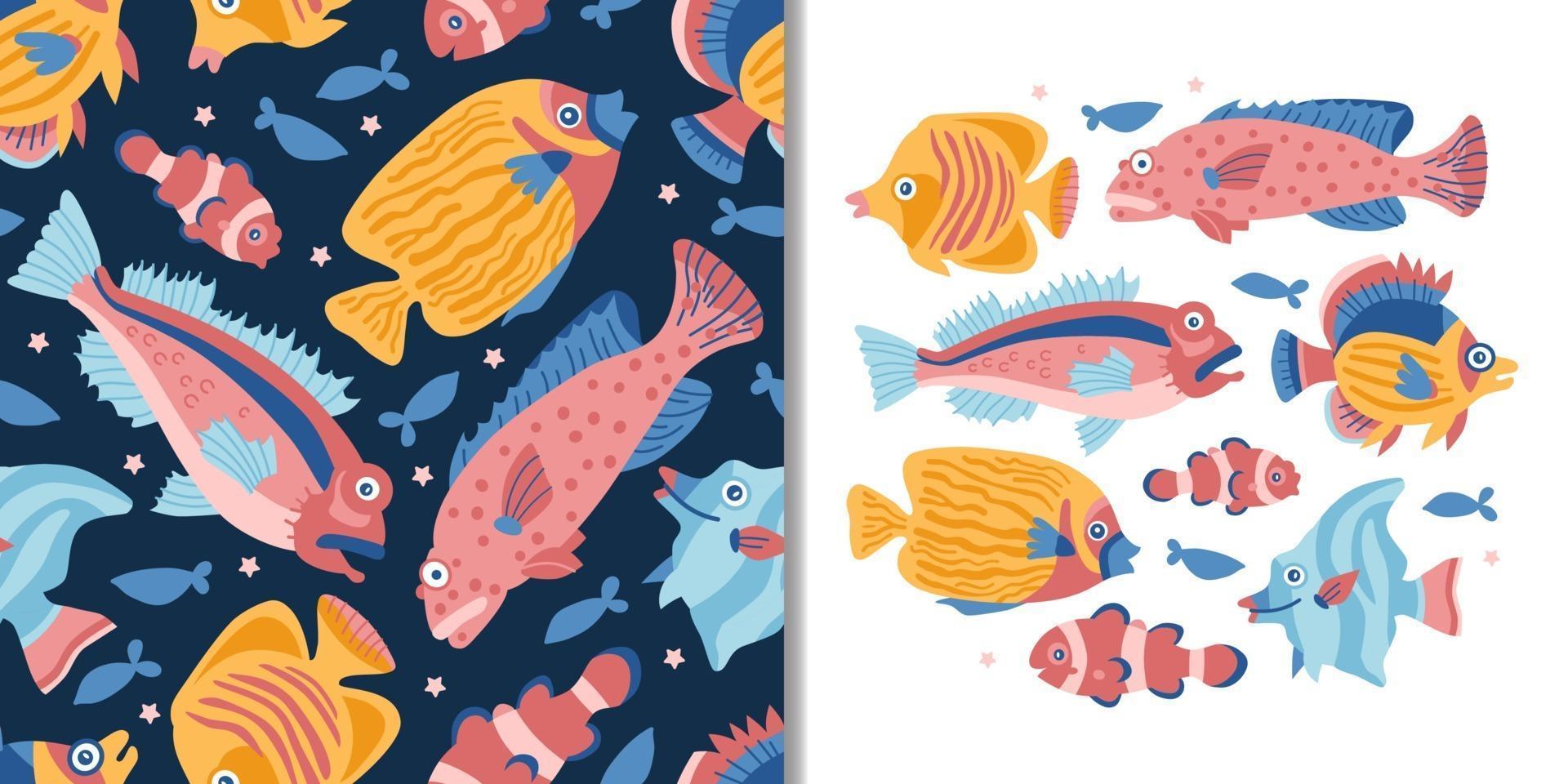 Tropical sea set with seamless pattern and cute fish, vector design