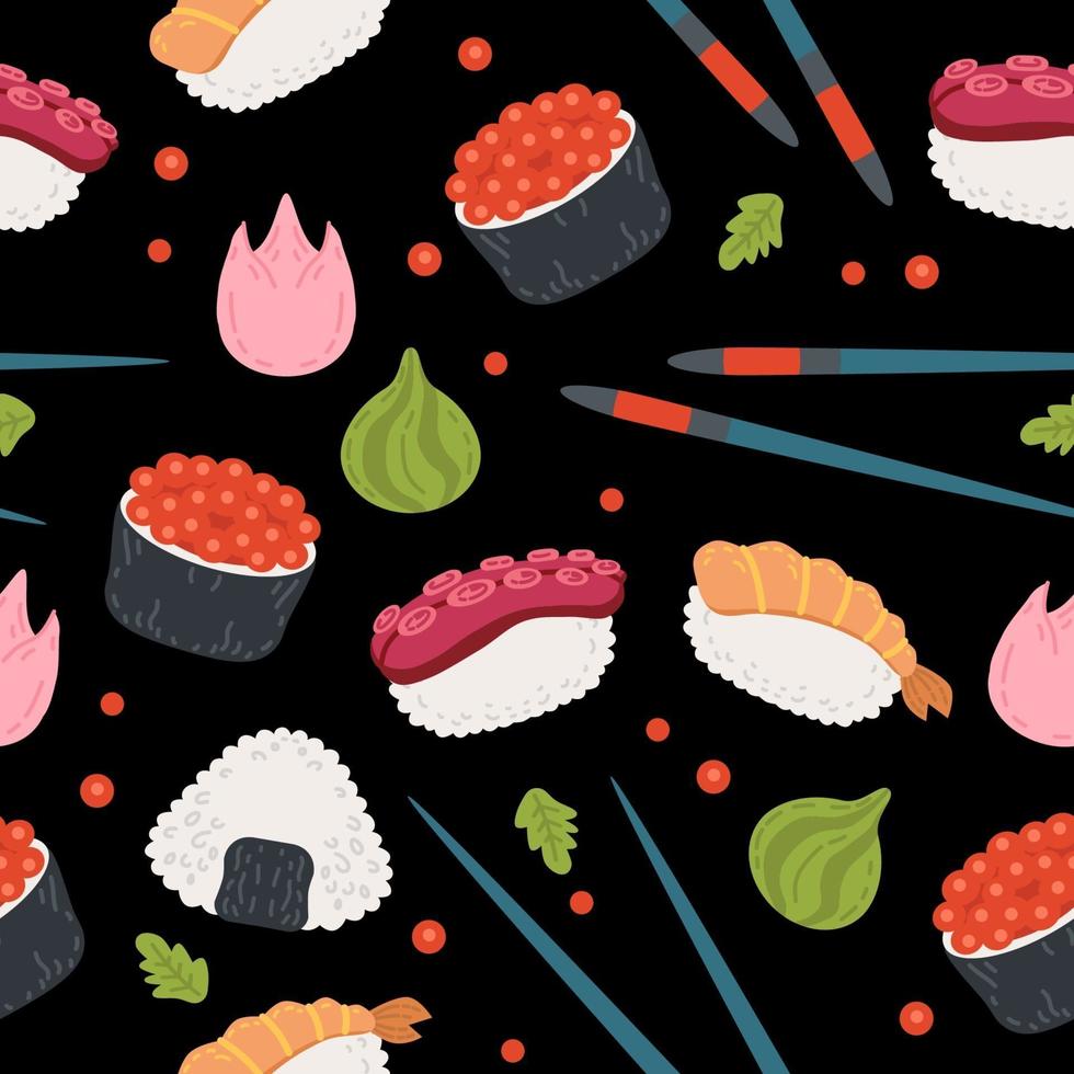 Rollos de kawaii de patrones sin fisuras y fondo de sushi. diseño de comida de mar vector