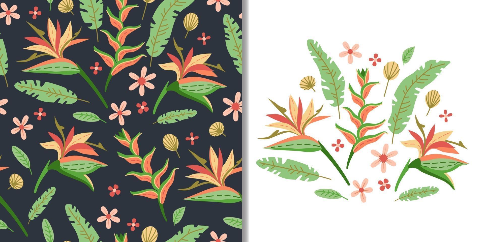 Floral set with seamless pattern and cute tropic flower elements vector