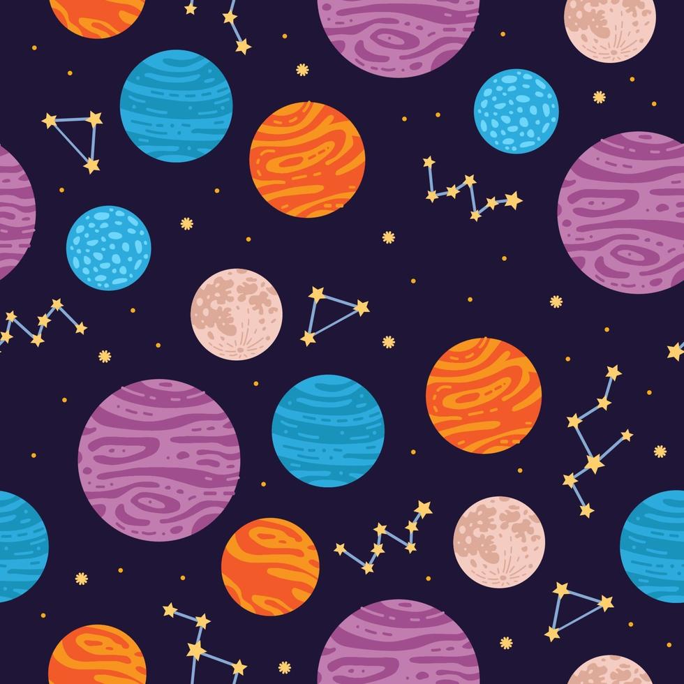 Colorful space planet seamless pattern in cartoon style. Vector