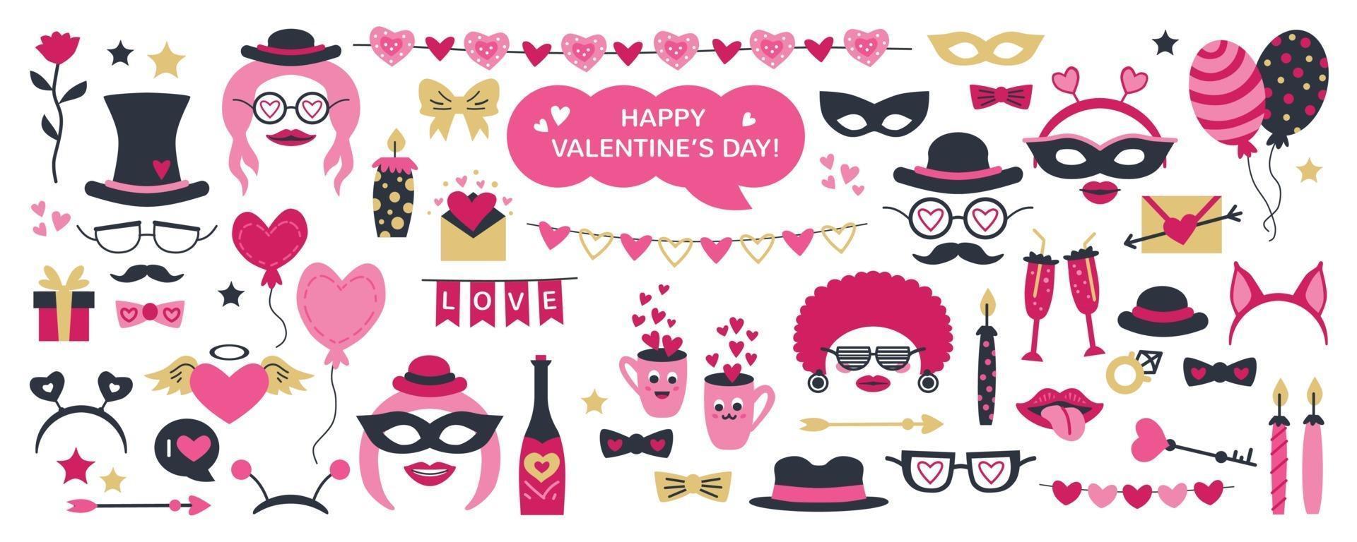 Cute Valentine Day photo booth props as set of party graphic elements vector