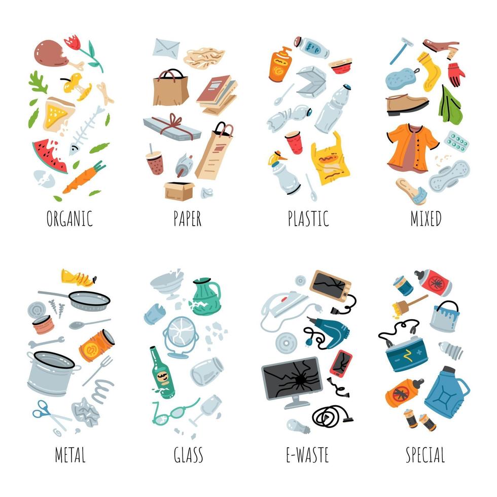 Waste collection, segregation and recycling illustration. Garbage vector