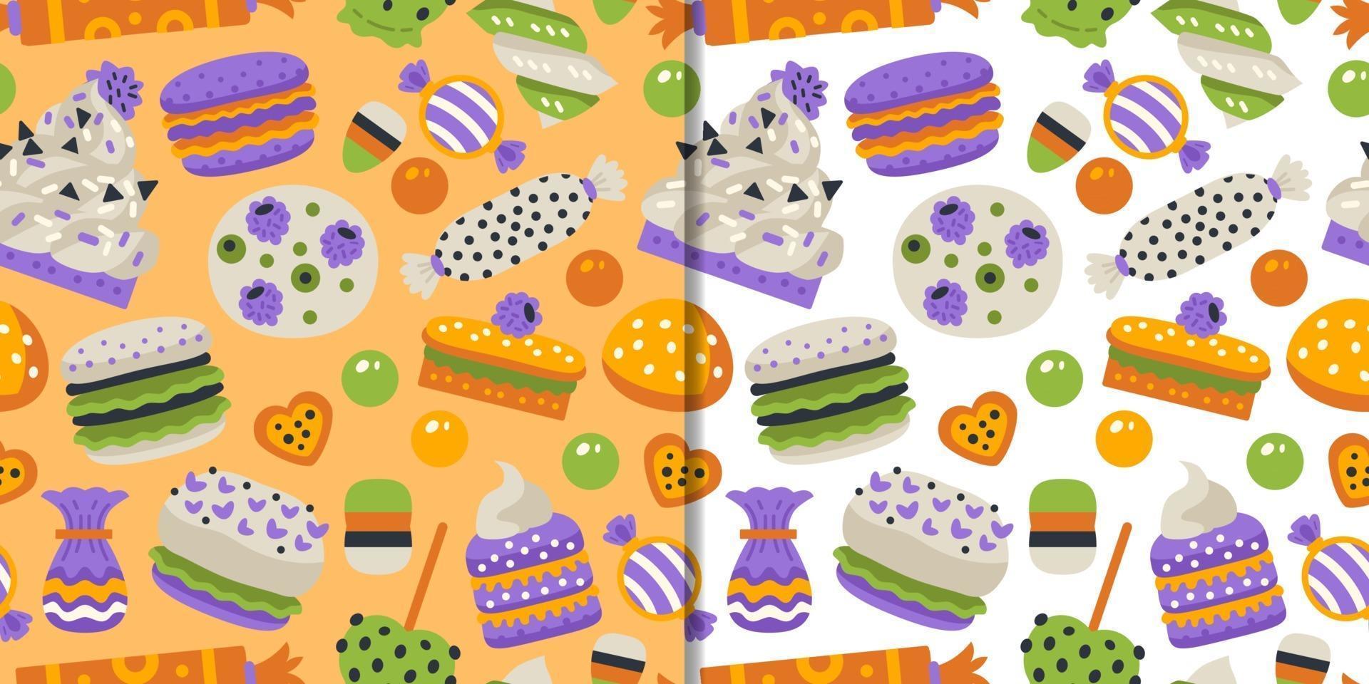 Halloween sweets set with seamless pattern vector